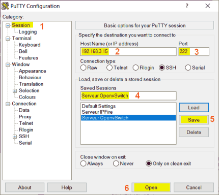 Capture - Putty : Configuration SSH pour OpenvSwitch