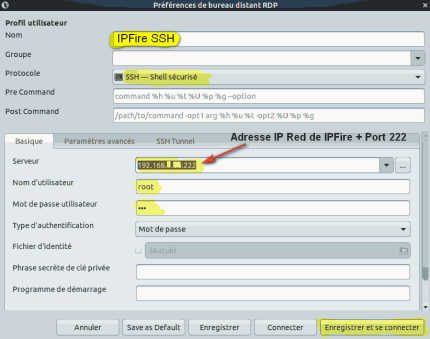 Capture - Remmina : Configuration SSH pour IPFire