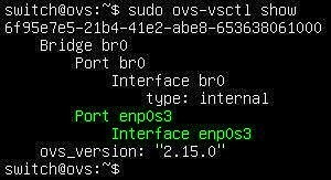 Capture - Open vSwitch : Vue affectation port et interface enp0s3 sur br0