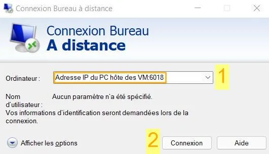 Capture - Bureau à Distance de Windows : Connexion IP:port sur PC hôte de VirtualBox
