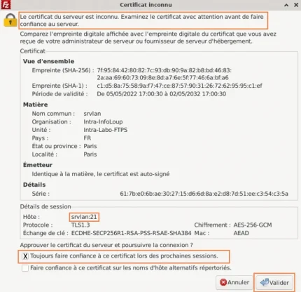 Capture - FileZilla : Certificat SSL émis par le serveur vsftpd