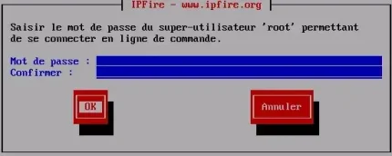 Capture - IPFire : Entrée du mot de passe utilisateur root