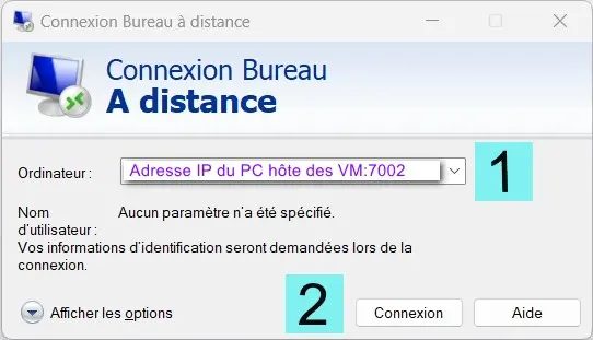 Capture - Bureau à distance : IP PC hôte VM:port RDP srvlan