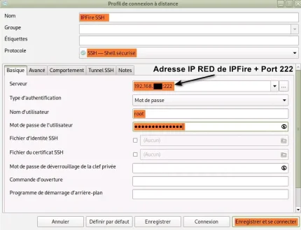 Capture - Remmina :   Configuration SSH pour IPFire 