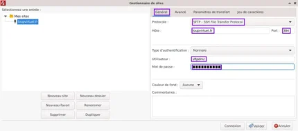 Capture - FileZilla : Réglages SFTP généraux pour le site