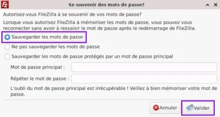 Capture - FileZilla : Gestion des mots de passe