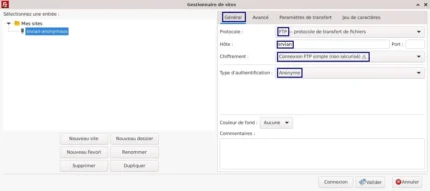 Capture - FileZilla : Réglages généraux FTP Anonymous
