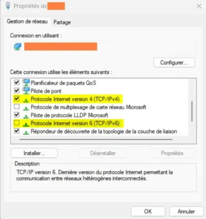 Capture - Windows : IPv6 à désactiver pour la simulation 