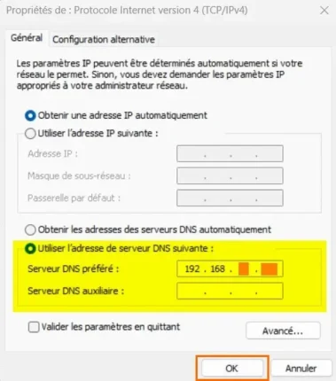 Capture - Windows : IPv4 - DNS préféré = 192.168.x.w