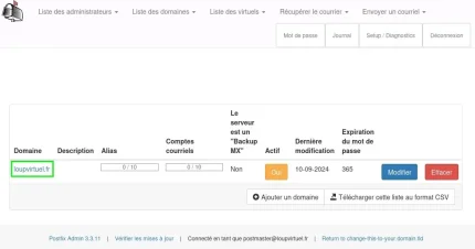 Capture - PostfixAdmin : Liste des domaines virtuels