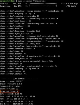 Capture - ClamAV : Scan du dossier /home/srvdmz