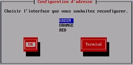 Capture - IPFire : Configuration d'adresse, sélection carte GREEN