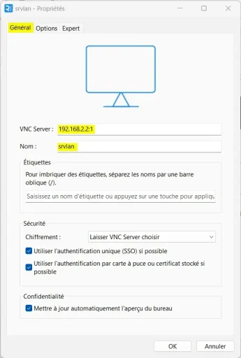 Capture - VNC Viewer : Paramètres onglet Général