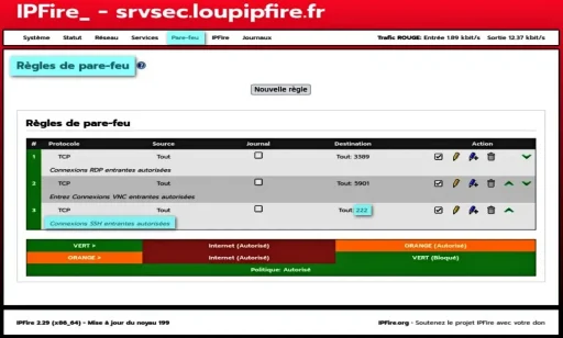 Capture - IPFire : Règle de pare-feu SSH