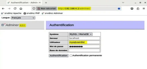 Capture - Adminer : Fenêtre de connexion
