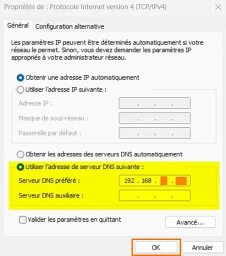 Capture - Windows : IPv4 - DNS préféré = 192.168.x.w