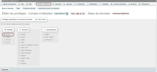 Capture - phpMyAdmin : Edition de l'utilisateur centreon