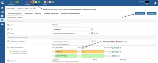 Capture - Centreon : Seuil d'alerte du service Memory modifié